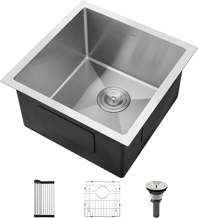 PEPO 18×18 Inch Undermount Kitchen Sink 16 Gauge Stainless Steel Bar Prep Sink Single Bowl with Drain Accessories for Small Kitchen, Wet Bar RV