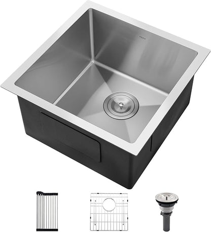 PEPO 18×18 Inch Undermount Kitchen Sink 16 Gauge Stainless Steel Bar Prep Sink Single Bowl with Drain Accessories for Small Kitchen, Wet Bar RV