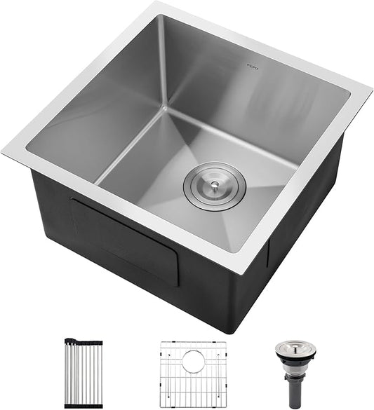 PEPO 18×18 Inch Undermount Kitchen Sink 16 Gauge Stainless Steel Bar Prep Sink Single Bowl with Drain Accessories for Small Kitchen, Wet Bar RV