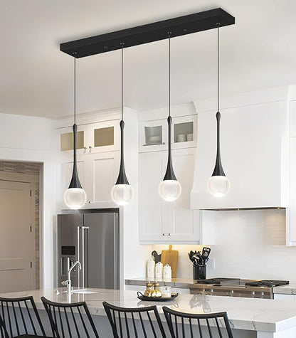 Rectangular Crystal Pendant Light for Kitchen Island 4 Light Dimmable Crystal Chandelier Lighting Fixtures with Remote for Dining Room Living Room Black