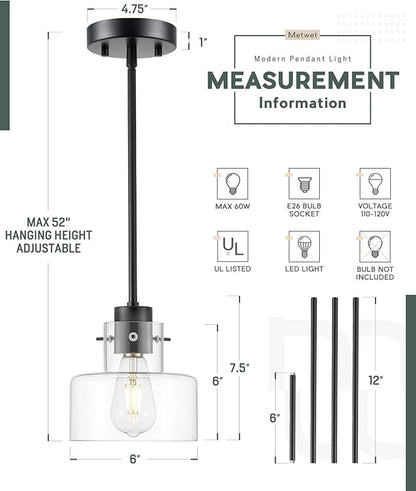 2 Pack Pendant Lights Kitchen Island, 6" Matte Black Pendant Light Fixtures Over Island with Clear Glass Shade, Modern Kitchen Island Lighting for Dining Room Entryway, PL124-MB-G-2PK