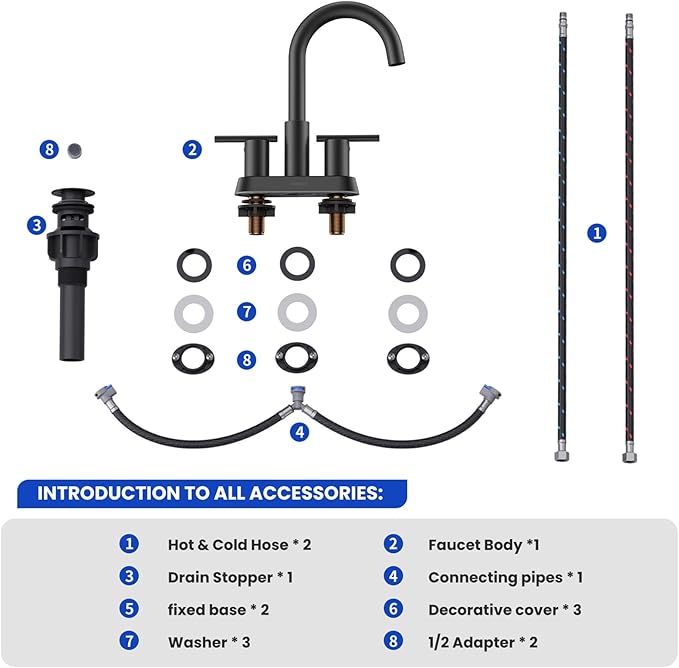 Hurran 4 Inch Bathroom Faucet for Sink 3 Hole, Matte Black Bathroom Faucet with Pop-up Drain and 2 Supply Hoses,Stainless Steel Lead-Free 2-Handle Centerset Faucet for Sink Vanity RV