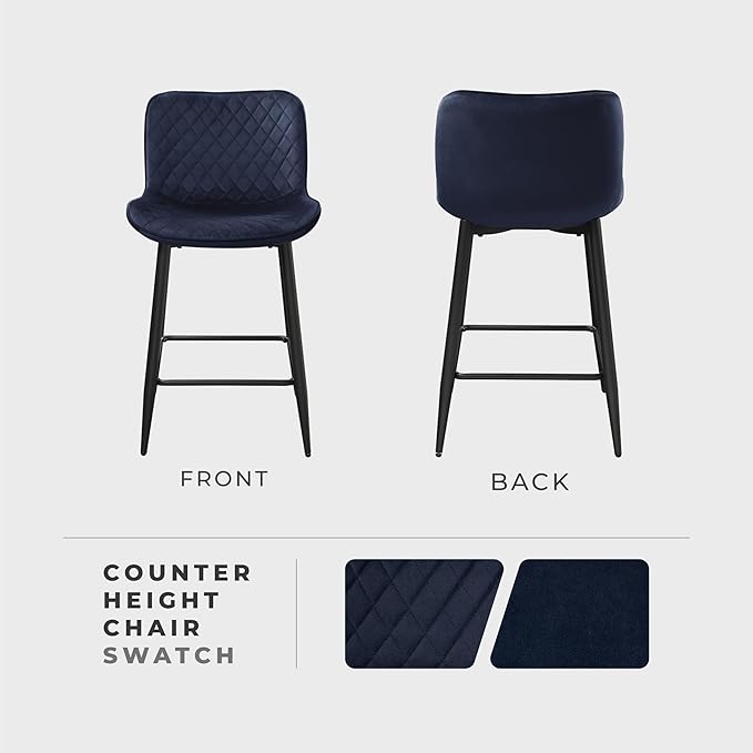 Lexicon Counter Stools Set of 2 - Counter Height Stools for Kitchen Table, Solid Padded Back, Black Metal Finish and Blue Velvet Cushion Seat, 24''SH
