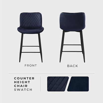 Lexicon Counter Stools Set of 2 - Counter Height Stools for Kitchen Table, Solid Padded Back, Black Metal Finish and Blue Velvet Cushion Seat, 24''SH