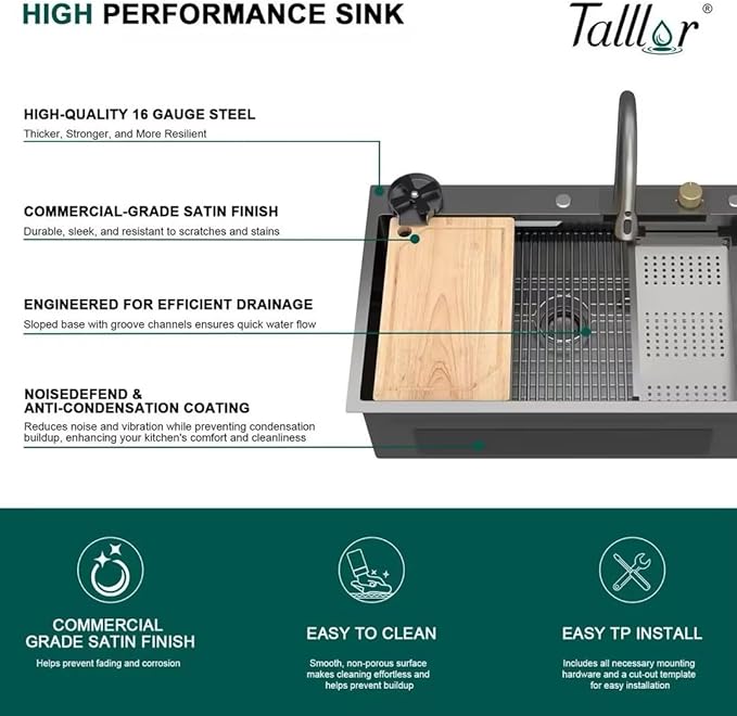 33x22 Gunmetal Black Drop In Kitchen Sink with Faucet, Waterfall Feature & Cup Washer, 16 Gauge 304 Stainless Steel, Workstation Accessories 3-Hole Sink for Residential Kitchen #TLWF-0001