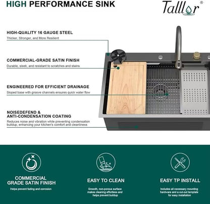 33x22 Gunmetal Black Drop In Kitchen Sink with Faucet, Waterfall Feature & Cup Washer, 16 Gauge 304 Stainless Steel, Workstation Accessories 3-Hole Sink for Residential Kitchen #TLWF-0001