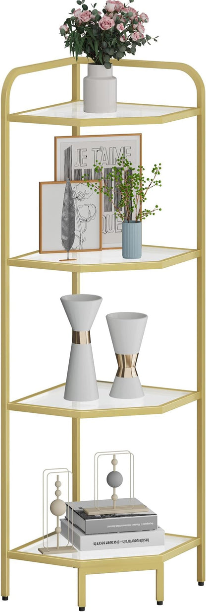Hzuaneri Corner Shelf Stand, 4-Tier Glass Bookshelf Bookcase, Bathroom Organizer, Plant Stand, Steel Frame, Tempered Glass, Modern Style for Living Room, Bathroom, Kitchen, Golden CS90400G