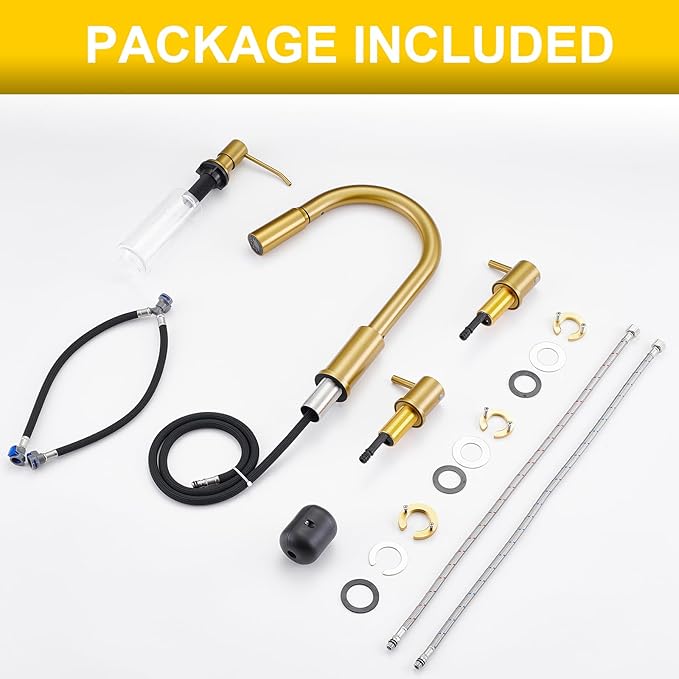 Tohlar 4 Hole Kitchen Faucet, Brushed Gold Kitchen Faucet with Soap Dispenser and Pull Down Sprayer 3 Modes Kitchen Sink Faucets, Stainless Steel High Arch Kitchen Sink Faucet with Separate Handle