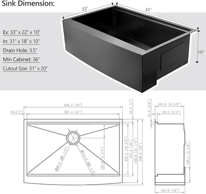 33 Black Farmhouse Sink Unsermount, Dorzom 33x22x10 Inches Farmhouse Kitchen Sink Black Stainless Steel Apron Front Sink with Workstation Ledge Under Mount 16 Gauge Single Bowl Kitchen Sink