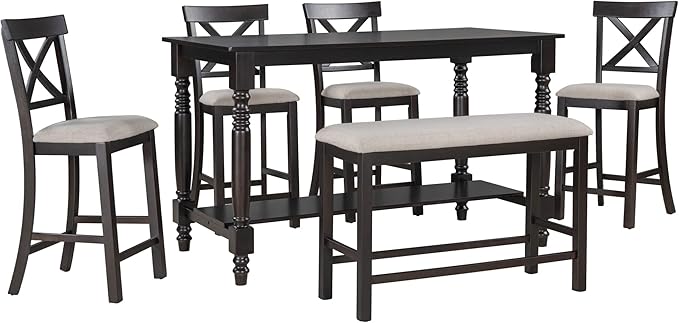 VilroCaz Modern Elegant 6-Piece Counter Height Kitchen Dining Table Set, Solid Wood 60'' Rectangle Table with Bottom Shelf, 4 Comfort Upholstered Chairs 1 Bench for Dining Room Restaurant (Espresso)