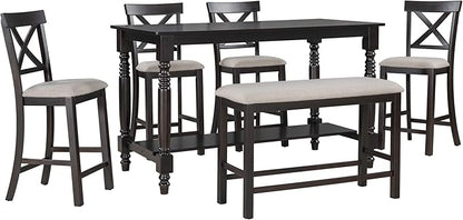 VilroCaz Modern Elegant 6-Piece Counter Height Kitchen Dining Table Set, Solid Wood 60'' Rectangle Table with Bottom Shelf, 4 Comfort Upholstered Chairs 1 Bench for Dining Room Restaurant (Espresso)