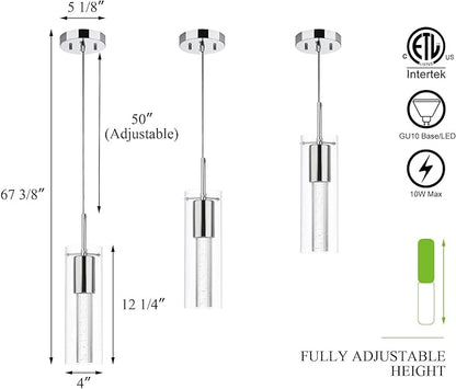 XiNBEi Lighting Pendant Lighting 1 Light Mini Pendant Lights with Glass and Bubble Crystal, Modern Chrome Hanging Pendant Light with LED Bulb for Kitchen & Dining Room XB-P1110-CH