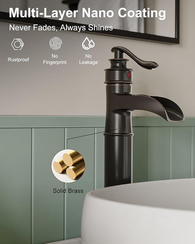 BWE Waterfall Spout Oil Rubbed Bronze Bathroom Faucet Single Handle One Hole Vessel Sink Faucet ORB Lavatory Faucets Deck Mount Tall Body Commercial