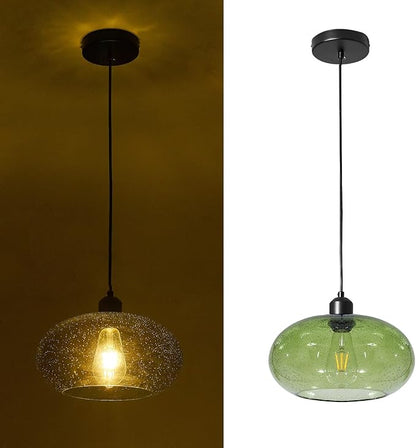 Modern Green Glass Pendant Light, 1-Light Glass Dome Shade Pendant Lighting Fixture for Kitchen Island, Sink, Counter, Bar,Nursery,Dining Room, Matte Black 10inch Diam