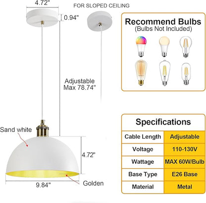 Vintage Industrial Pendant Light 9.84" Farmhous Dome Pendant Light White and Gold Finish Lighting lamp line Length 78.74" Kitchen Island, Bedroom, Corridor