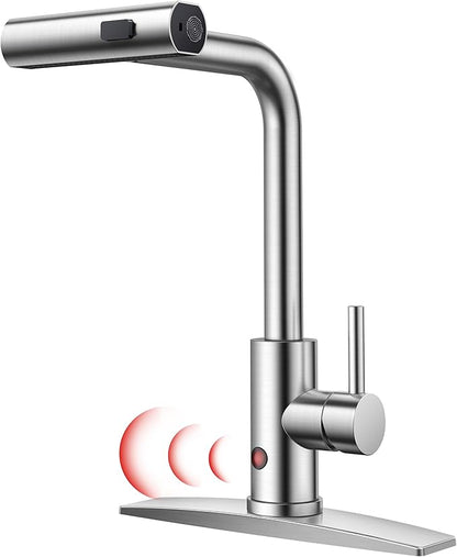 FORIOUS Touchless Waterfall Kitchen Faucets, Brushed Nickel Kitchen Sink Faucet with Pull Down Sprayer, Stainless Steel Modern Contemporary Kitchen Faucet Hands-Free for Laundry Bar Rv Farmhouse