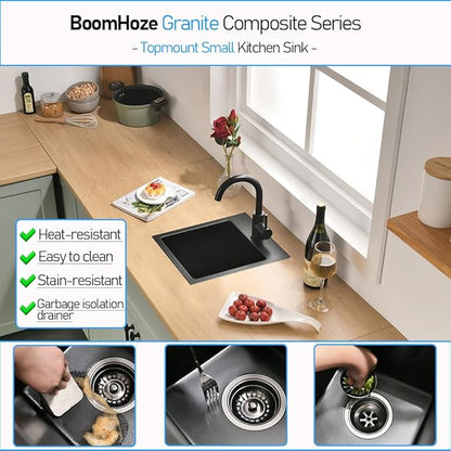 Drop in Black Bar Sink, 13x15 Inch Matte Black Granite Composite Quartz Small Kitchen Prep Sink RV Wet Bar Topmount Single Bowl with Small Rubber Squeegee