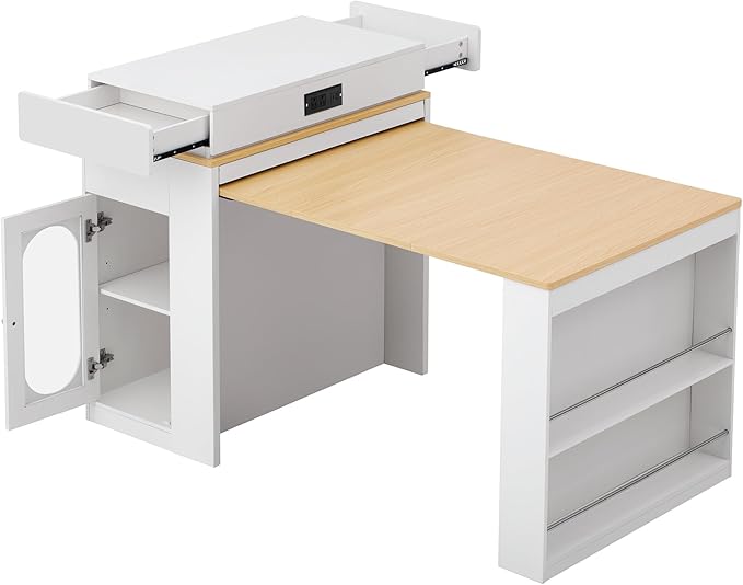 Extendable Dining Table with Folding Tabletop, Bar Table with Drawers and Power Outlet, Kitchen Island with Wheels and Hooks for Kitchen, Dining Room, Creamy White+Natural