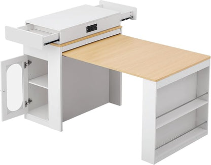 Versatile Extendable Dining Table with Hidden Wheels and Drawers, Farmhouse Kitchen Island with Charging Station and Glass-Door, Sideboard for Kitchen and Dining Room (Creamy White)