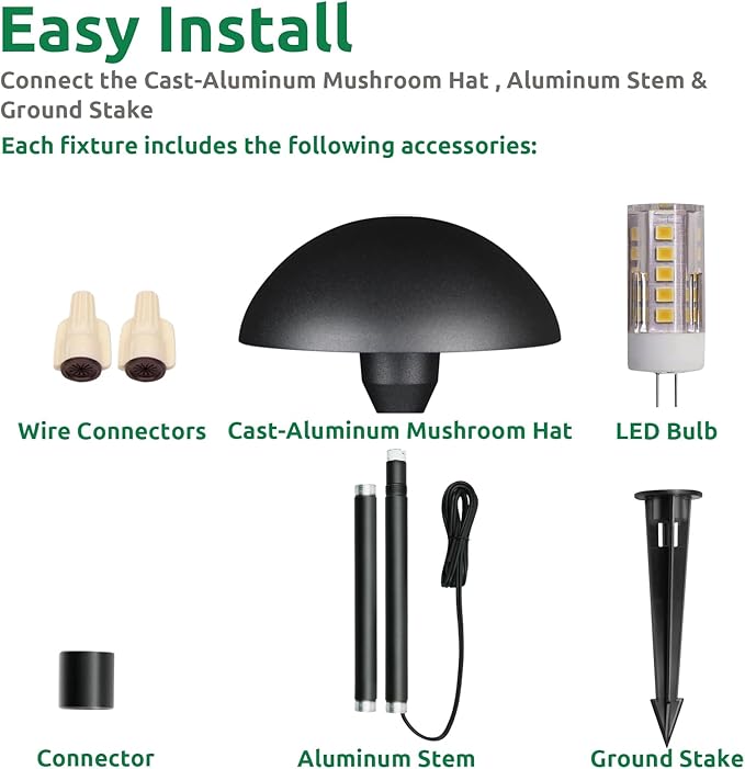 Lumina Lighting® Low Voltage Landscape Lighting Cast-Aluminum Path and Area Light Warm White 3W G4 LED Bulb and ABS Ground Stake Included for Yard Walkway Lawn PAL0107-BKLED4 (Black,4-Pack)