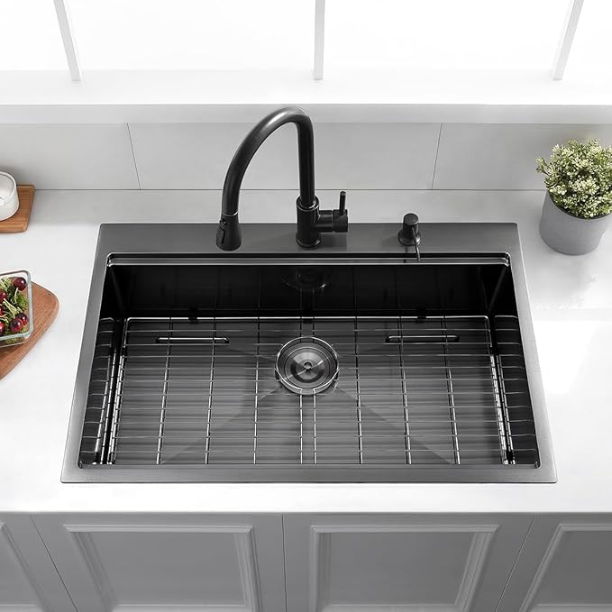 30 Drop in Black Stainless Steel Kitchen Sink, Luckyhorse 30x22 Inches 16 Gauge Nano Black Stainless Steel Single Bowl Topmount Workstation Kitchen Sink LH006SB