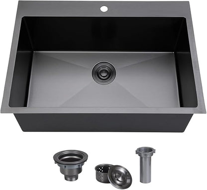 SHACO 28 x 20 Inch Drop in Black Kitchen Sink, Gunmetal Black Top Mount Stainless Steel 9 Inch Deep Single Bowl Laundry Utility Wet Prep Sink