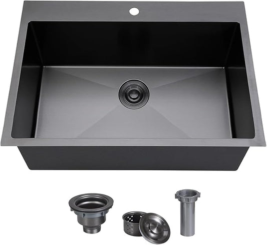 SHACO 28 x 20 Inch Drop in Black Kitchen Sink, Gunmetal Black Top Mount Stainless Steel 9 Inch Deep Single Bowl Laundry Utility Wet Prep Sink