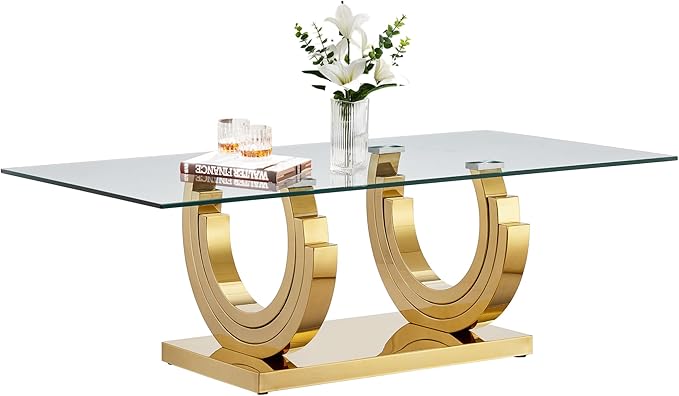 Modern Glass Coffee Table, 51" Sofa Coffee Table with Gold Stainless Steel Frame and Clear Glass Top, Rectangular Cocktail Table Accent Centre Table for Living Room