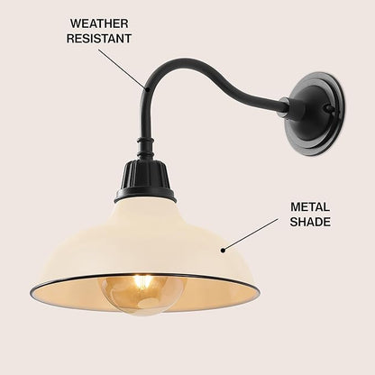 JONATHAN Y 12.25" Matte Almond/Black 1-Light Farmhouse Industrial Outdoor Sconce, LED Gooseneck Wall Light for Porch, Metal Bowl Shade, Dimmable Vintage Exterior Fixture, LED Bulb Included (JYL7613M)