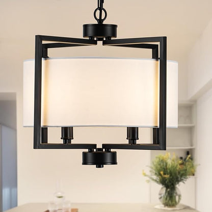 Modern Drum Chandelier Kitchen Island Lights, 4 Light Adjustable Rustic Island Pendant Lighting, Black Farmhouse Dining Room Hanging Light Fixture for Bedroom Living Room Hallway
