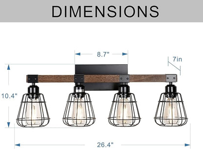 Bathroom Vanity Light Fixture,Rustic 4-Light Wood Wall Light,Industrial Bathroom Lighting Fixture Over Mirror,Modern Matte Black Metal Cage Wall Sconce for Hallway,Kitchen,Bedroom