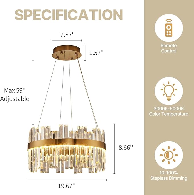 19.7'' Dimmable Modern LED Crystal Chandeliers,Gold Chandelier Light Fixture, 3 Colors Contemporary Pendant Ceiling Light for Dining Room Living Room Kitchen Island Entryway Foyer ,With Remote Control
