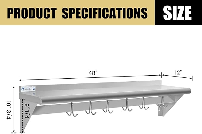 Hally Stainless Steel Shelf with 6 Hooks 12" x 48" Wall Mounted Pot Rack, NSF Commercial Floating Shelving for Storage Hanging Pots, Pans, cookware in Restaurant, Kitchen, Home and Hotel