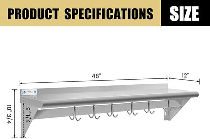 Hally Stainless Steel Shelf with 6 Hooks 12" x 48" Wall Mounted Pot Rack, NSF Commercial Floating Shelving for Storage Hanging Pots, Pans, cookware in Restaurant, Kitchen, Home and Hotel