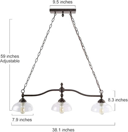 LOG BARN Dining Room Light Fixture Hanging, Farmhouse Chandelier in Rustic Black Metal with Clear Glass Shades, Adjustable Chains, Pendant for Kitchen Island