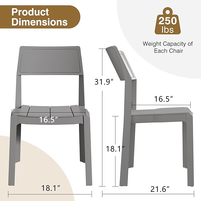 VECELO 4 Pack Plastic Dining Chairs, Stackable Patio Chairs for Indoor Outdoor Use in Kitchen, Poolside, No Assembly Required, Grey