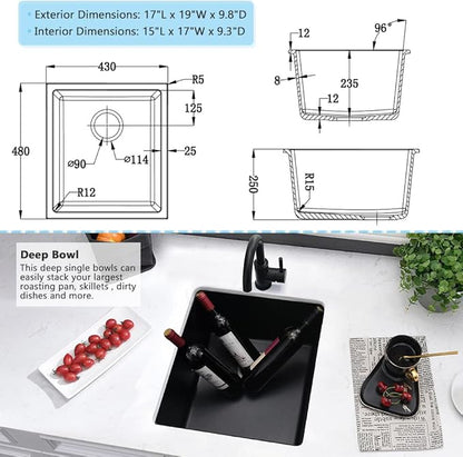 17 Inch Undermount Bar Sink Black-VASOYO 17x19 Small Kitchen Sink Black Quartz Wet Bar Sinks Outdoor Rv Single Bowl Kitchen Sinks with Bottom Grid