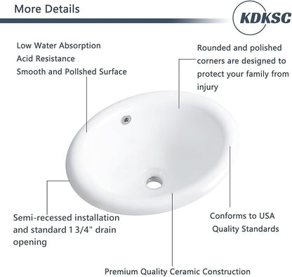 Bathroom Vessel Sink 18'' x 15'' Semi Recessed Bathroom Sink Oval Drop In Sink with Overflow White Ceramic Modern Vessel Sinks for Bathroom