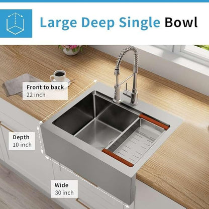 30 Inch Farmhouse Sink, 16 Gauge 304 Stainless Steel Farm Sinks, Drop In Topmount Single Bowl Workstation Sink with all Accessories, 30" x 22" x 10" Large and Deep Kitchen Sink