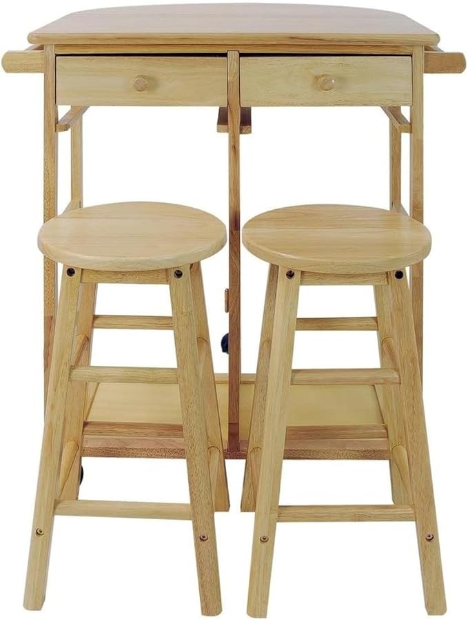 Drop Leaf Breakfast Cart Natural Solid Wood Kitchen Island Table with Two Stools Storage Shelves Rolling Wheels Compact Expandable Dining Prep Station Versatile Space Saving Modern Furniture