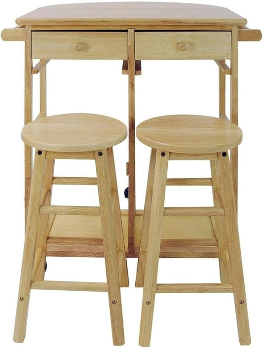 Drop Leaf Breakfast Cart Natural Solid Wood Kitchen Island Table with Two Stools Storage Shelves Rolling Wheels Compact Expandable Dining Prep Station Versatile Space Saving Modern Furniture