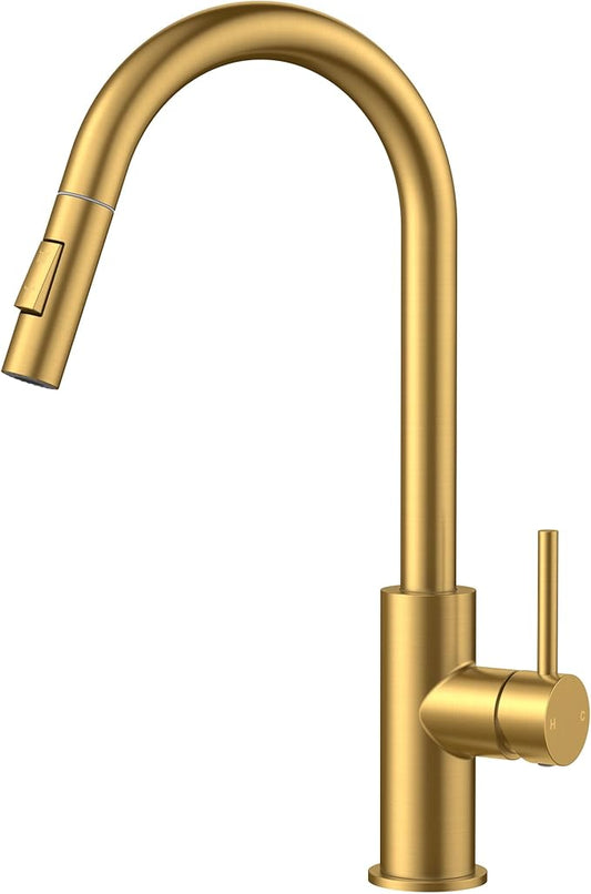 FORIOUS Gold Kitchen Faucet with Pull Down Sprayer, Brushed Brass High Arc Gooseneck Modern Sink Faucet with CUPC Ceramic Cartridge, Single Handle Stainless Steel and Deck Plate