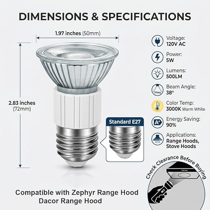 Drart Range Hood Light Bulbs JDR E27 120V, Stove Light Bulbs Under Hood, 5W LED Appliance Bulb, 50 Watt Equivalent Halogen Bulbs, 3000K Soft White (Pack of 2)
