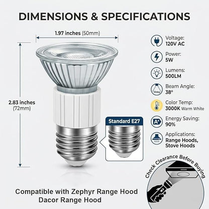 Drart Range Hood Light Bulbs JDR E27 120V, Stove Light Bulbs Under Hood, 5W LED Appliance Bulb, 50 Watt Equivalent Halogen Bulbs, 3000K Soft White (Pack of 2)