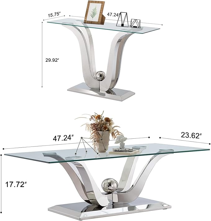 Luxury Glass Coffee Table Set of 2 Piece Silver Living Room Table Set of 2 Including Coffee and Sofa Table Set, Gorgeous Stainless Steel Frame, Clear Glass Top for Living Room Home Office Apartment