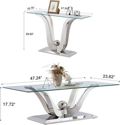Luxury Glass Coffee Table Set of 2 Piece Silver Living Room Table Set of 2 Including Coffee and Sofa Table Set, Gorgeous Stainless Steel Frame, Clear Glass Top for Living Room Home Office Apartment