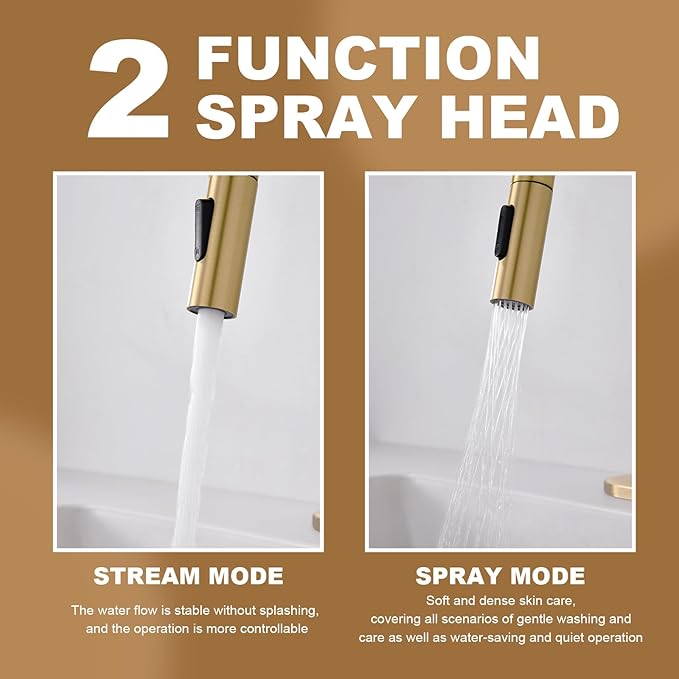 Bathroom Sink Faucet with Pull Down Sprayer,Single Handle Pull Out Faucet with Pop-Up Drain, 1 or 3 Hole Laundry Bar Basin Brushed Gold Faucet with Deck Plate