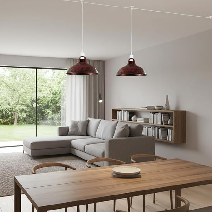 Plug in Pendant Light, 13.1FT Hanging Light with Plug in Cord and On/Off Switch, Industrial Rustic Red Barn Metal Shade Pendant Light for Kitchen Island, Dining Room, Bar, Cafe, Living Room