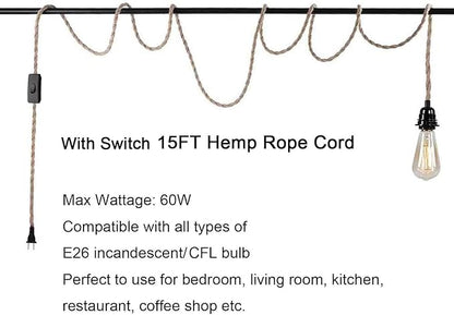 15FT Pendant Light Cord Kit with On/Off Switch, Swag lights with plug in cord, Industrial Pendant Lighting E26 Socket for Extension Hanging Lantern Cable Fixture for Faemhouse Lamp Cable, Retro DIY