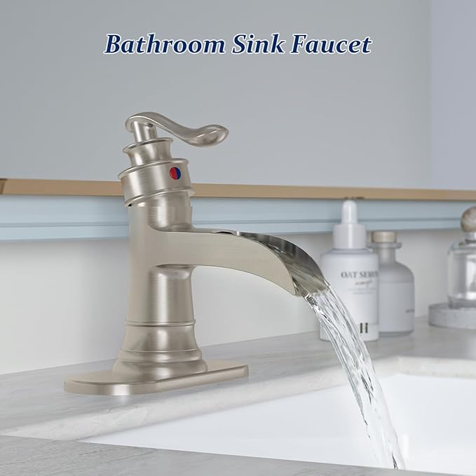 BWE Bathroom Faucet Brushed Nickel Waterfall Single Hole Matching Pop Up Drain Stopper Handle Sink Faucets Bath Vanity Lavatory Vessel Commercial Satin with Water Supply Hose